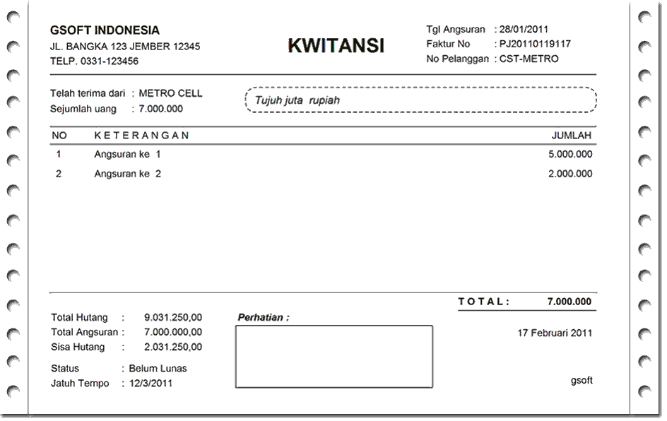 Kwitansi Pembayaran Cicilan atau Angsuran