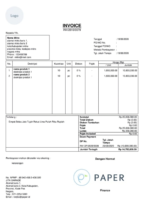 Contoh invoice pelunasan