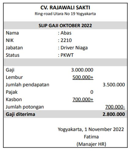 contoh slip gaji sederhana excel satu kolom